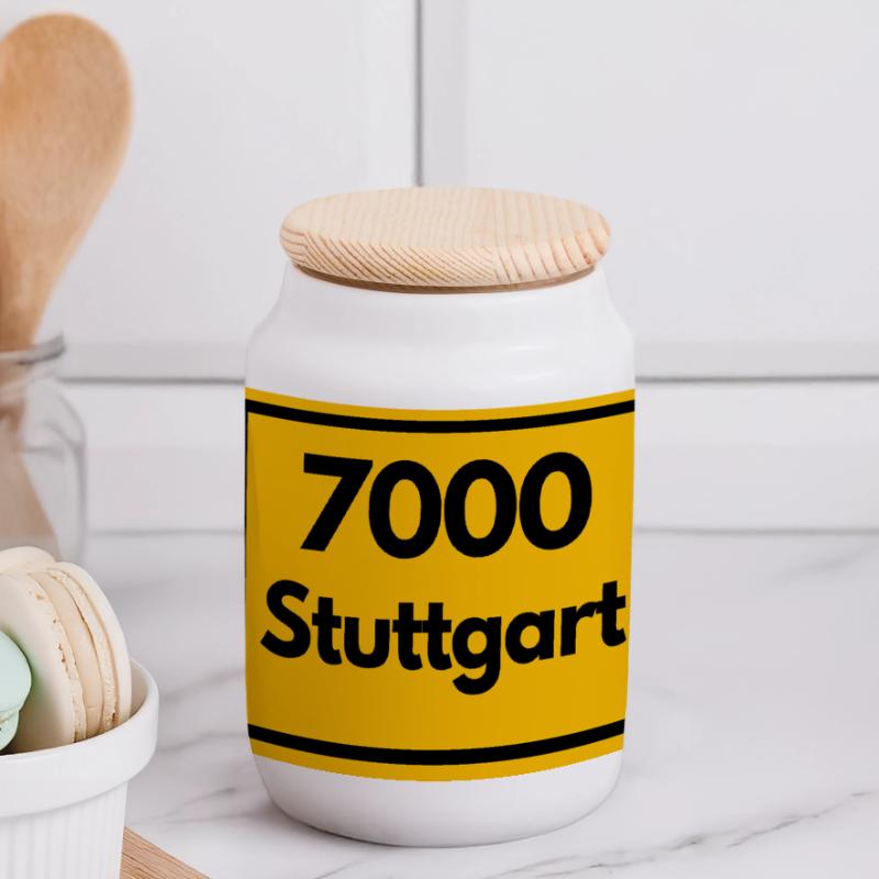 OLD POSTCODE POSTCODE RETRO 7000 STUTTGART SCHWABE Panoramic Cookie Jar with Wooden Lid