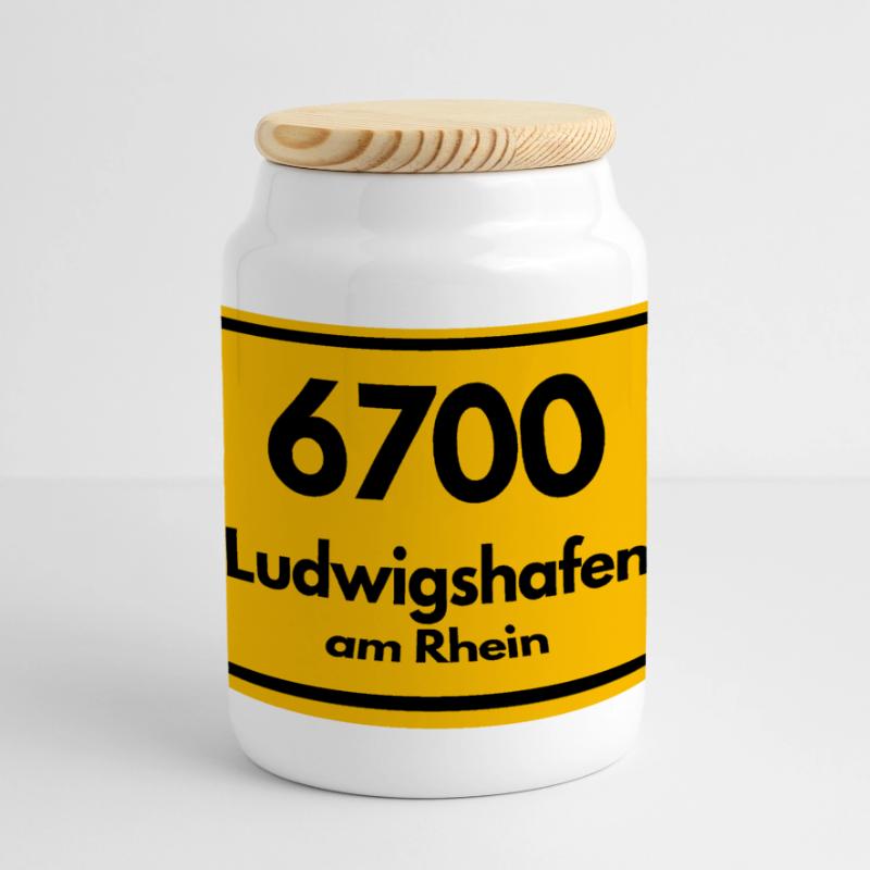 OLD POSTCODE POSTCODE RETRO 6700 LUDWIGSHAFEN Panoramic Cookie Jar with Wooden Lid