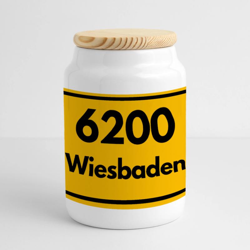 OLD POSTCODE POSTCODE RETRO 6200 WIESBADEN Panoramic Cookie Jar with Wooden Lid
