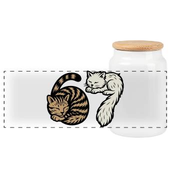 Sleeping 'Six Seven' cats - Panoramic Cookie Jar with Wooden Lid - white - Front