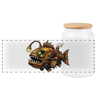 Steampunk Tiefsee Piranha - Panorama Keksdose mit Holzdeckel - Weiß - Vorne