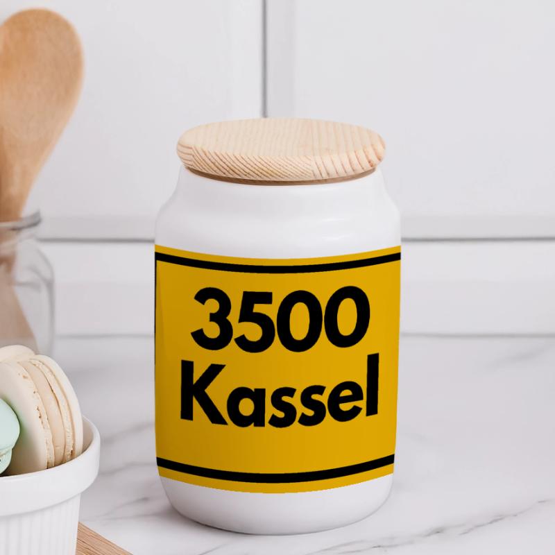 OLD POSTCODE POSTCODE RETRO 3500 KASSEL LÖWENSTADT Panoramic Cookie Jar with Wooden Lid