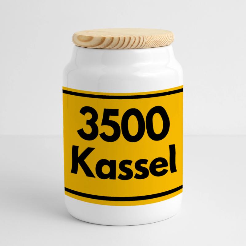 OLD POSTCODE POSTCODE RETRO 3500 KASSEL LÖWENSTADT Panoramic Cookie Jar with Wooden Lid