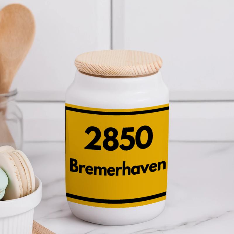 OLD POSTCODE POSTCODE RETRO 2850 BREMERHAVEN HAFEN Panoramic Cookie Jar with Wooden Lid