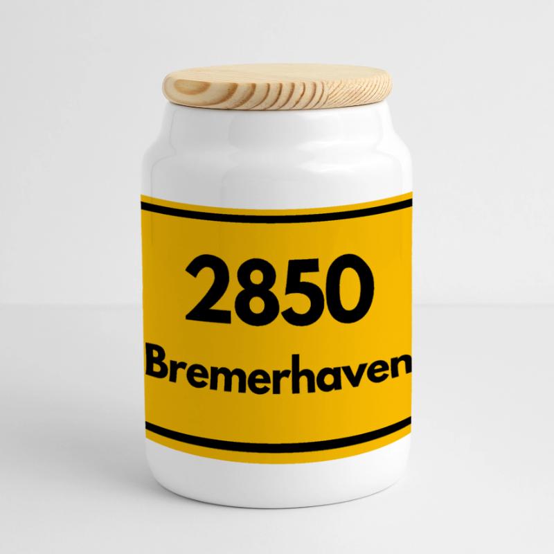 OLD POSTCODE POSTCODE RETRO 2850 BREMERHAVEN HAFEN Panoramic Cookie Jar with Wooden Lid
