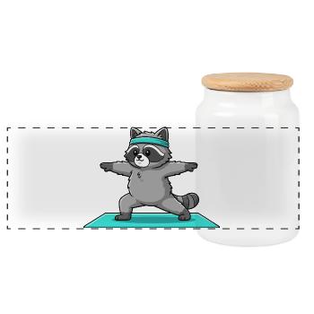 Yoga-Waschbär-Tier führt Krieger-Pose aus - Panorama Keksdose mit Holzdeckel - Weiß - Vorne