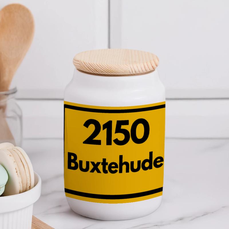 OLD POSTCODE POSTCODE RETRO 2150 BUXTEHUDE HANSE Panoramic Cookie Jar with Wooden Lid