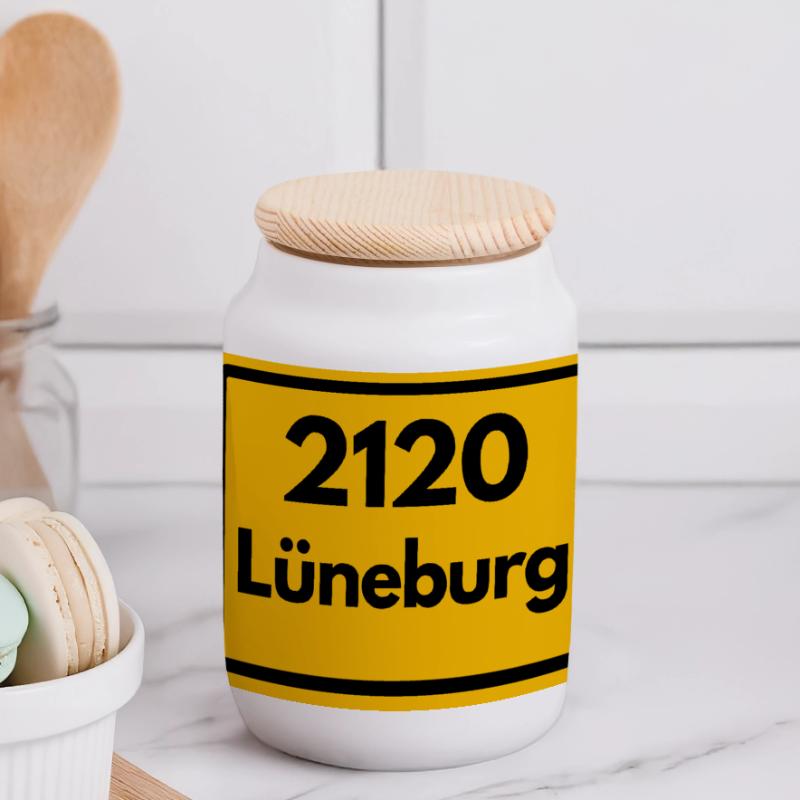 OLD POSTCODE POSTCODE RETRO 2120 LÜNEBURG - HANSE Panoramic Cookie Jar with Wooden Lid