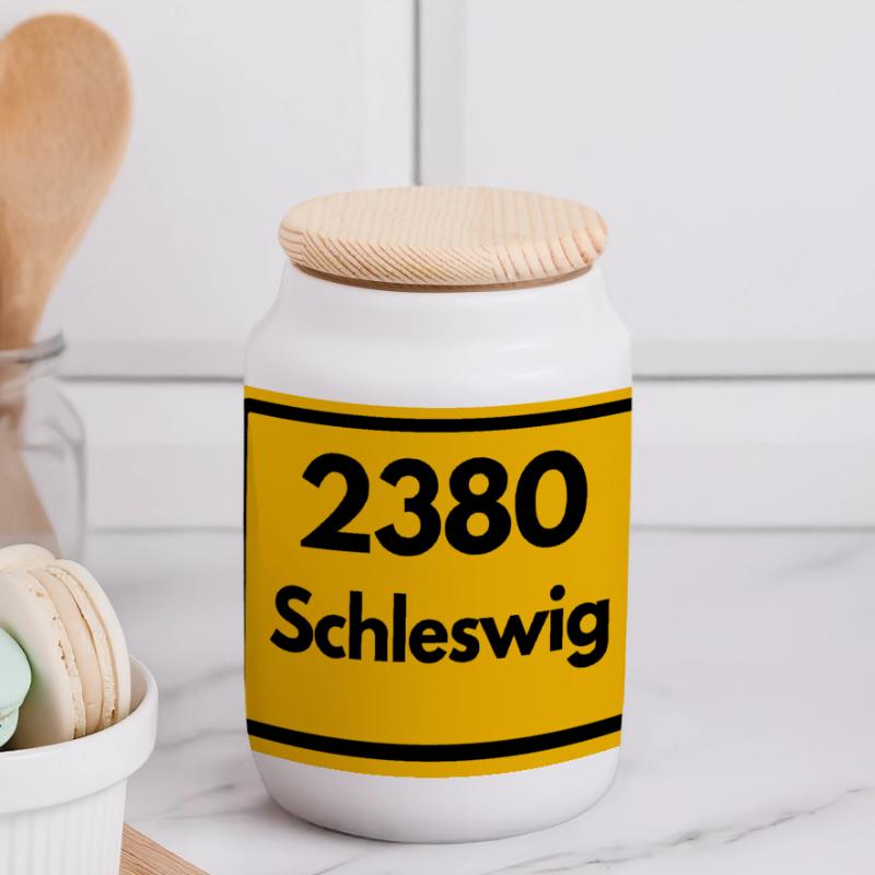 OLD POSTCODE POSTCODE RETRO 2380 SCHLESWIG – FJORD Panoramic Cookie Jar with Wooden Lid