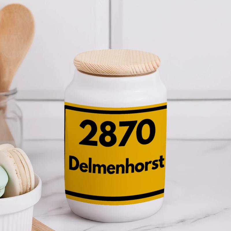OLD POSTCODE POSTCODE RETRO 2870 DELMENHORST Panoramic Cookie Jar with Wooden Lid