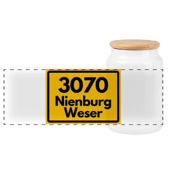 ALTE POSTLEITZAHL PLZ RETRO 3070 NIENBURG WESER! - Panorama Keksdose mit Holzdeckel - Weiß - Vorne