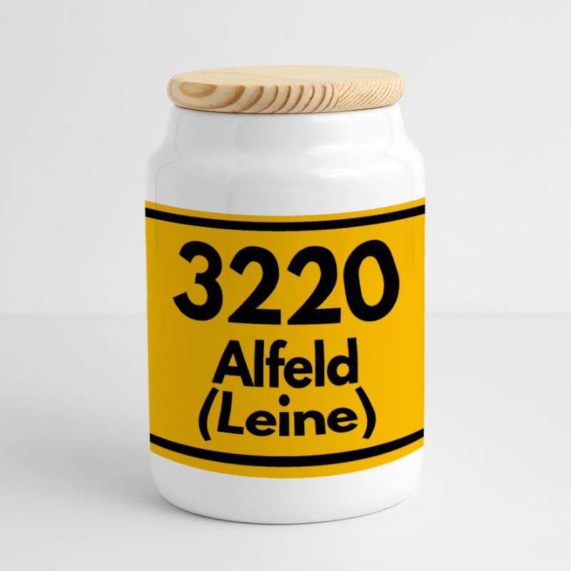 OLD POSTCODE POSTCODE RETRO 3220 ALFELD LEINE Panoramic Cookie Jar with Wooden Lid