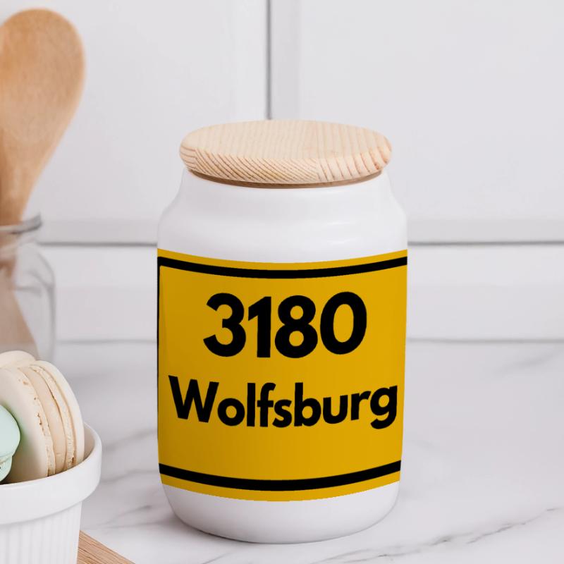 OLD POSTCODE POSTCODE RETRO 3180 WOLFSBURG Panoramic Cookie Jar with Wooden Lid