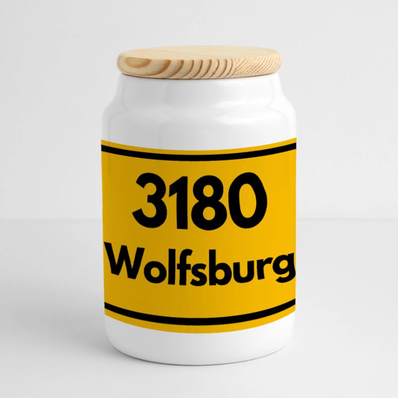 OLD POSTCODE POSTCODE RETRO 3180 WOLFSBURG Panoramic Cookie Jar with Wooden Lid