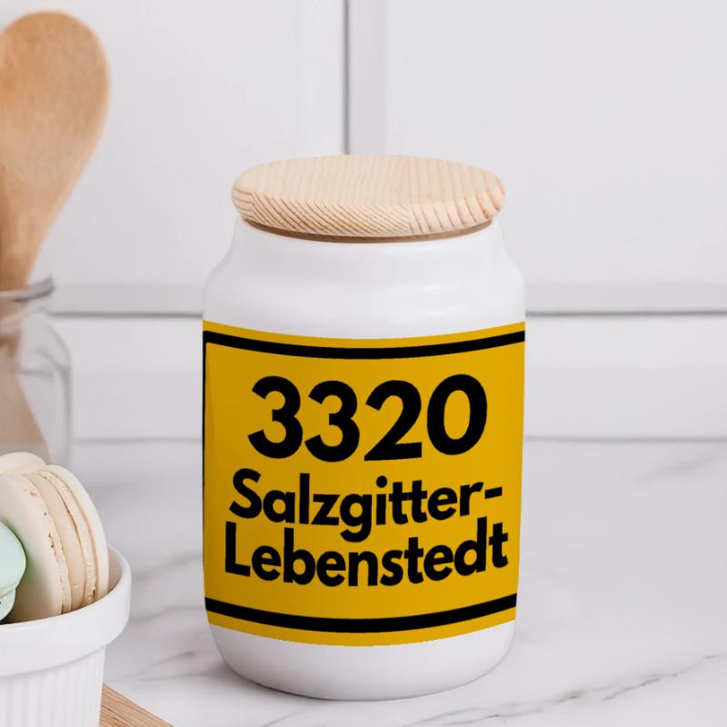 OLD POSTCODE POSTCODE RETRO 3320 SALZGITTER Panoramic Cookie Jar with Wooden Lid