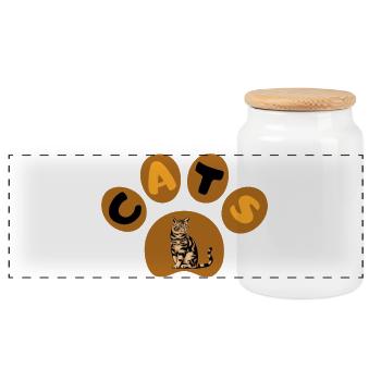 Cat - Panoramic Cookie Jar with Wooden Lid - white - Front