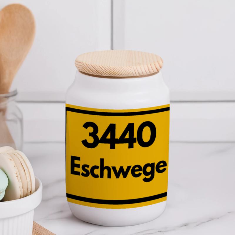 OLD POSTCODE ZIP CODE RETRO 3440 ESCHWEGE Panoramic Cookie Jar with Wooden Lid