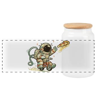 Astronaut Bike Pizza Stunt - Panoramic Cookie Jar with Wooden Lid - white - Front