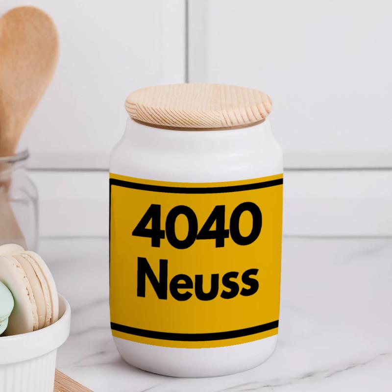 OLD POSTCODE POSTCODE RETRO 4040 CITY NEUSS Panoramic Cookie Jar with Wooden Lid