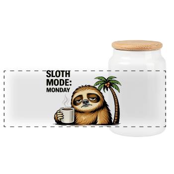 Sloth Mode Monday Coffee - Panoramic Cookie Jar with Wooden Lid - white - Front