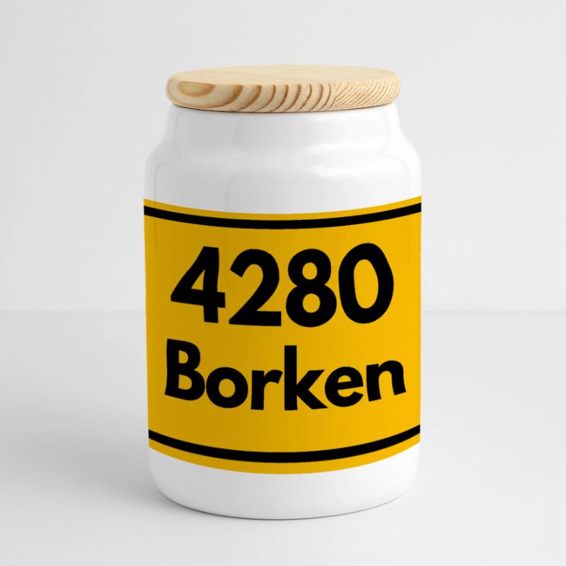 OLD POSTCODE POSTCODE RETRO 4280 BORKEN FÜNFTÜRME Panoramic Cookie Jar with Wooden Lid