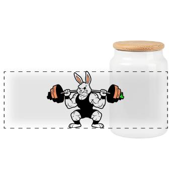 Muscle Bunny Carrot Dumbbell - Panoramic Cookie Jar with Wooden Lid - white - Front