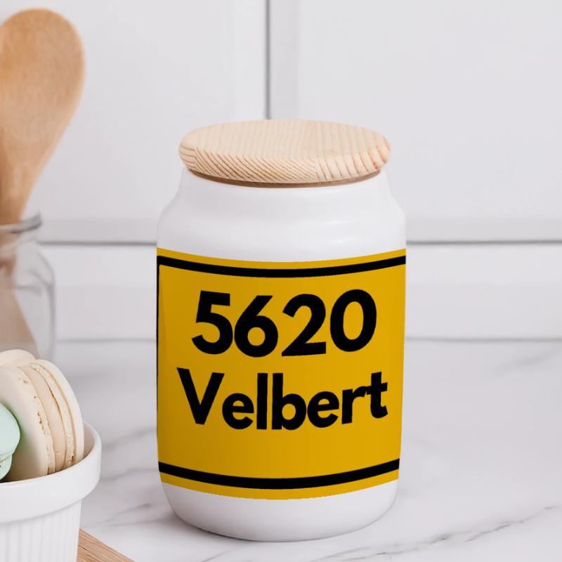 OLD POSTCODE POSTCODE RETRO 5620 VELBERT NRW Panoramic Cookie Jar with Wooden Lid