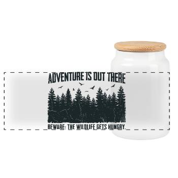 Adventure is out there – Beware Wildlife Humor - Panorama Keksdose mit Holzdeckel - Weiß - Vorne