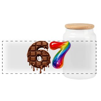 67 - 6 7 - Six Seven Meme - Chocolate - Panoramic Cookie Jar with Wooden Lid - white - Front