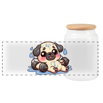 Cute Pug Cartoon Dumbbell Weightlifting - Panoramic Cookie Jar with Wooden Lid - white - Front