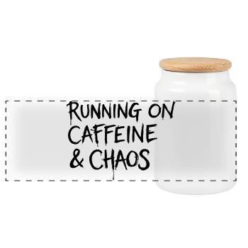 Running on Caffeine & Chaos Shirt - Panoramic Cookie Jar with Wooden Lid - white - Front