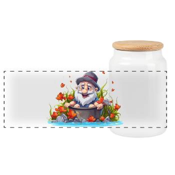 Gnome in the bathing pot by the pond - Panoramic Cookie Jar with Wooden Lid - white - Front