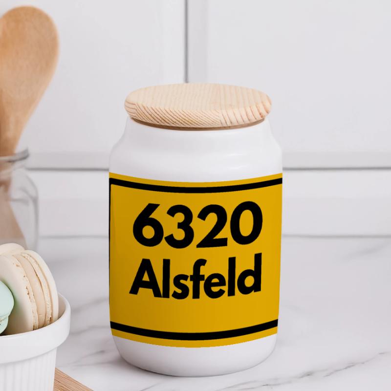 OLD POSTCODE POSTCODE RETRO 6320 ALSFELD – RATHAUS Panoramic Cookie Jar with Wooden Lid