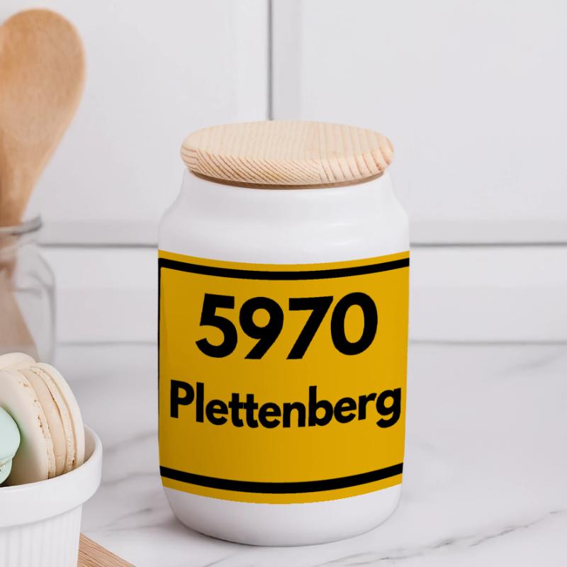 OLD POSTCODE POSTCODE RETRO 5970 PLETTENBERG Panoramic Cookie Jar with Wooden Lid