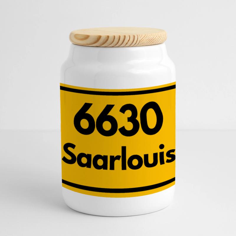 OLD POSTCODE POSTCODE RETRO 6630 SAARLOUIS HEIMAT Panoramic Cookie Jar with Wooden Lid