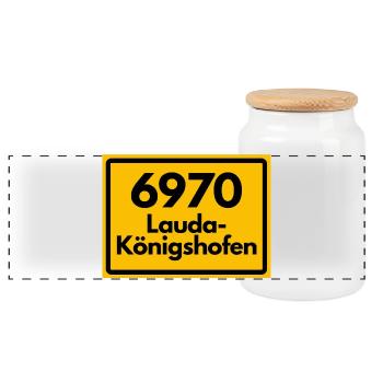 ALTE POSTLEITZAHL PLZ 6970 LAUDA KÖNIGSHOFEN - Panorama Keksdose mit Holzdeckel - Weiß - Vorne