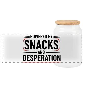 Powered By Snacks and Desperation - Panoramic Cookie Jar with Wooden Lid - white - Front