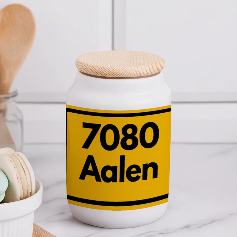 OLD POSTCODE ZIP CODE RETRO 7080 AALEN HEIMATSTOLZ Panoramic Cookie Jar with Wooden Lid