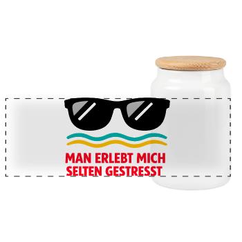 Selten gestresst: Humorvoller Stresswitz - Panorama Keksdose mit Holzdeckel - Weiß - Vorne