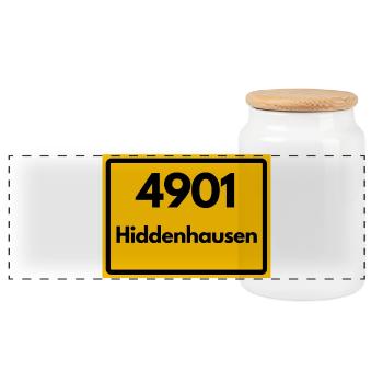 ALTE POSTLEITZAHL PLZ RETRO 4901 HIDDENHAUSEN - Panorama Keksdose mit Holzdeckel - Weiß - Vorne
