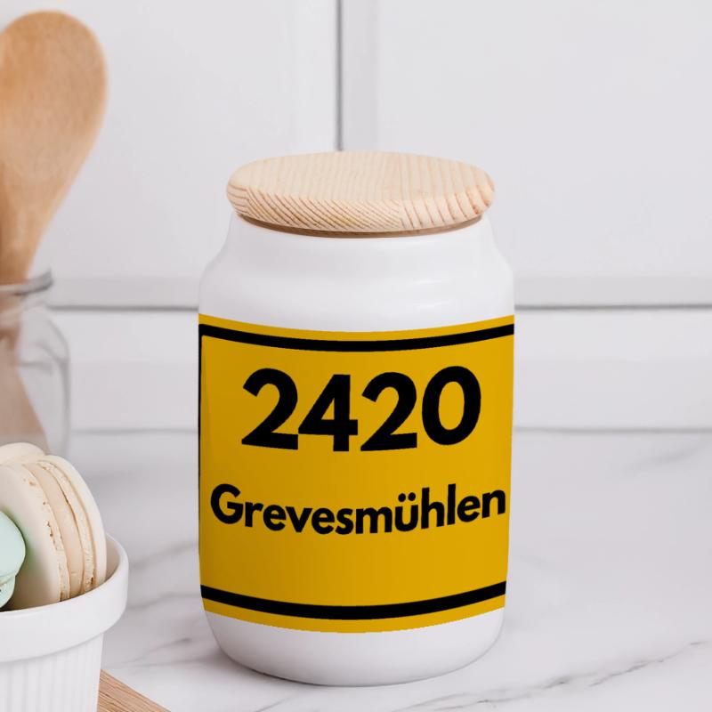 OLD POSTCODE POSTCODE RETRO 2420 GREVESMÜHLEN Panoramic Cookie Jar with Wooden Lid