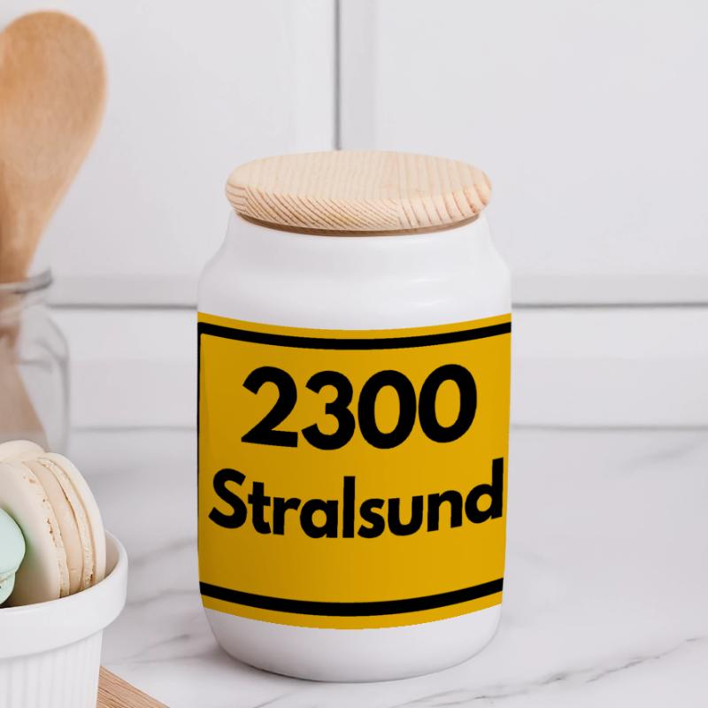 OLD POSTCODE POSTCODE RETRO 2300 STRALSUND HEIMAT Panoramic Cookie Jar with Wooden Lid