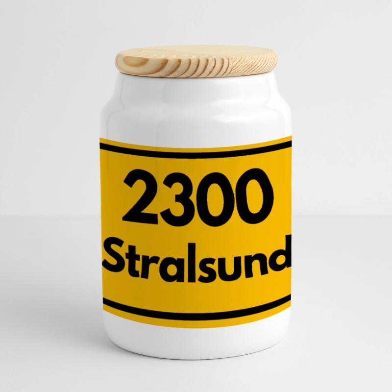 OLD POSTCODE POSTCODE RETRO 2300 STRALSUND HEIMAT Panoramic Cookie Jar with Wooden Lid