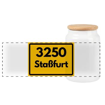 ALTE POSTLEITZAHL PLZ 3250 STASSFURT STAßFURT - Panorama Keksdose mit Holzdeckel - Weiß - Vorne