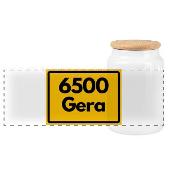 Alte Postleitzahl 6500 Gera, Thüringen, PLZ - Panorama Keksdose mit Holzdeckel - Weiß - Vorne