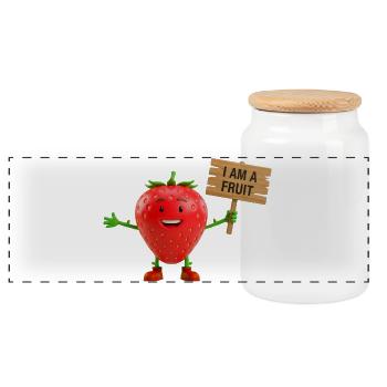 Strawberry with a sign - Panoramic Cookie Jar with Wooden Lid - white - Front