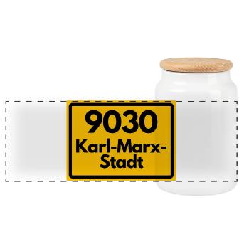 9030 PLZ SACHSEN KARL-MARX-STADT ALTE POSTLEITZAHL - Panorama Keksdose mit Holzdeckel - Weiß - Vorne