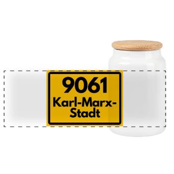 9061 KARL-MARX-STADT DDR RETRO ALTE POSTLEITZAHL - Panorama Keksdose mit Holzdeckel - Weiß - Vorne
