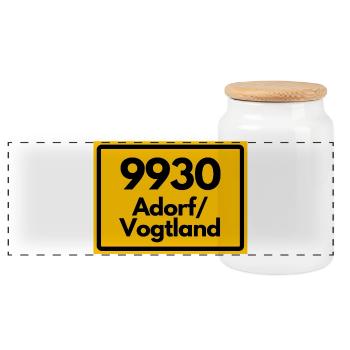 ALTE POSTLEITZAHL 9930 ADORF VOGTLAND SACHSEN - Panorama Keksdose mit Holzdeckel - Weiß - Vorne
