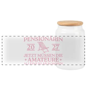 Pensionärin 2027 Liegestuhl Abschied Kollegin - Panorama Keksdose mit Holzdeckel - Weiß - Vorne